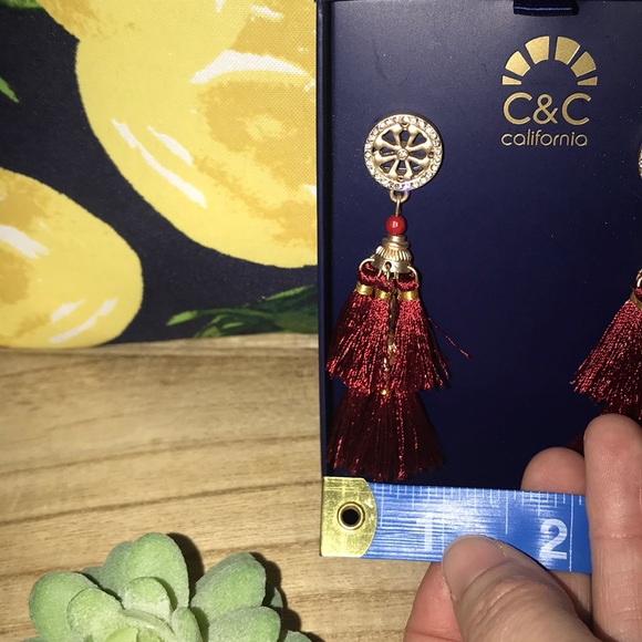 C&C California Rhinestone Burgundy Red Tassel Drop Earrings - Picture 6 of 6